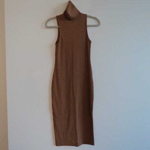 ZARA Ribbed Turtleneck Sleeveless Bodycon Midi Dress in Camel Tan Minimalist M - Picture 2 of 14